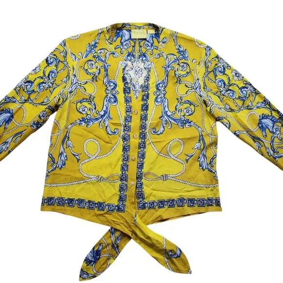 Anthropologie Maeve Elan Scarf Print Blouse 0 Yellow Horse Tie Front Equestrian - Picture 6 of 15